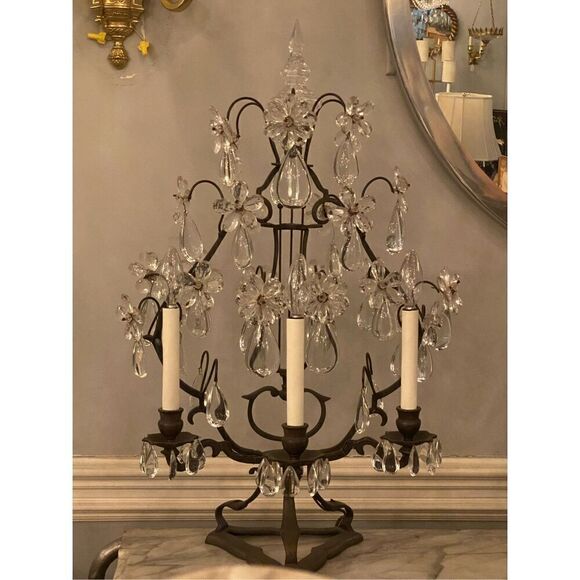 Vintage  French Girandole Wrought Iron Lamp W/Floral Prisms - Picture 1 of 7